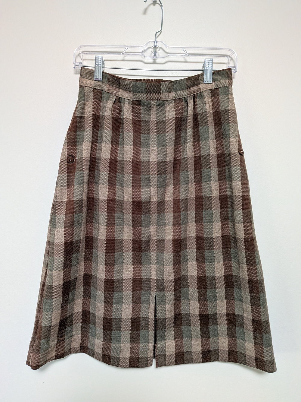 Vintage Olive Army Green & Brown Plaid Midi Skirt Dark Academia Pockets 4 6 8 M